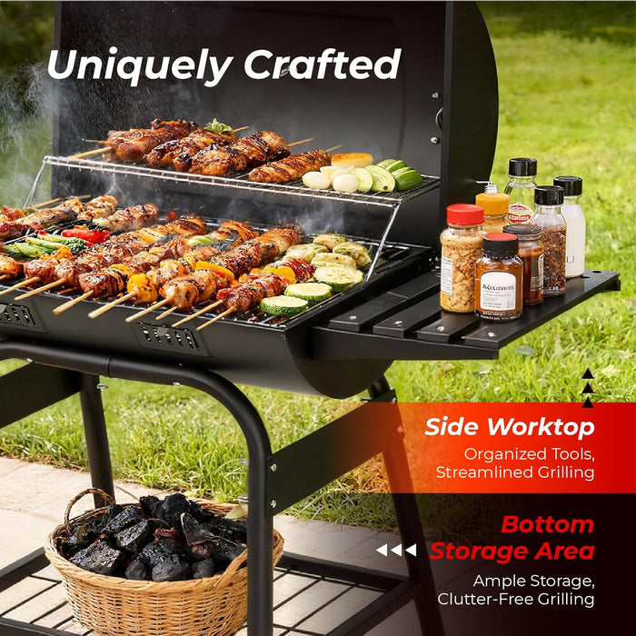 Upgraded Barrel Charcoal Grill with 2 Sides Table, BBQ Grill Outdoor Smoker with Wheels for Party Garden Patio and Backyard Cooking 39''D × 24''W × 46''H (Upgraded Grill W/Side Table)