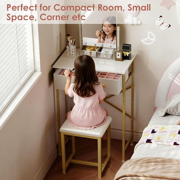 Small Makeup Vanity Desk with Mirror & Chair, Mini Vanity Desk Table Set with Fabric Storage Drawer, 19.7" Compact Vanity Desk for Girls, Dressing Table with Chair for Bedroom, White Golden