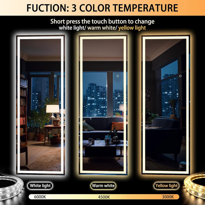 Full Length Mirror with Lights, 67" X 24" LED Lighted Floor Standing, Full Body Dressing Hanging Mounted Mirror, Dimmable, Tempered Glass, Safe to Use, Square Black