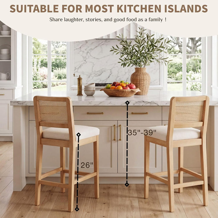 Rattan Counter Bar Stools Set of 4, Farmhouse Bar Stools with Back and Wood Legs, Upholstered Mid Century Modern Fabric Barstools Breakfast Island Chairs for Kitchen Island - White/ 26"