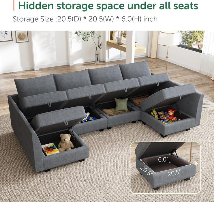  Bluish Grey U-Shaped Sectional Sofa Modular, Storage