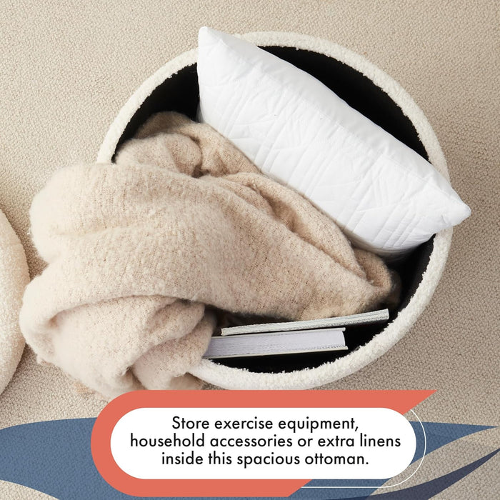 Decor round Ottoman with Storage, round Vanity Chair Stool Ottoman Pouf with Storage for Living Room and Bedroom, Boucle White