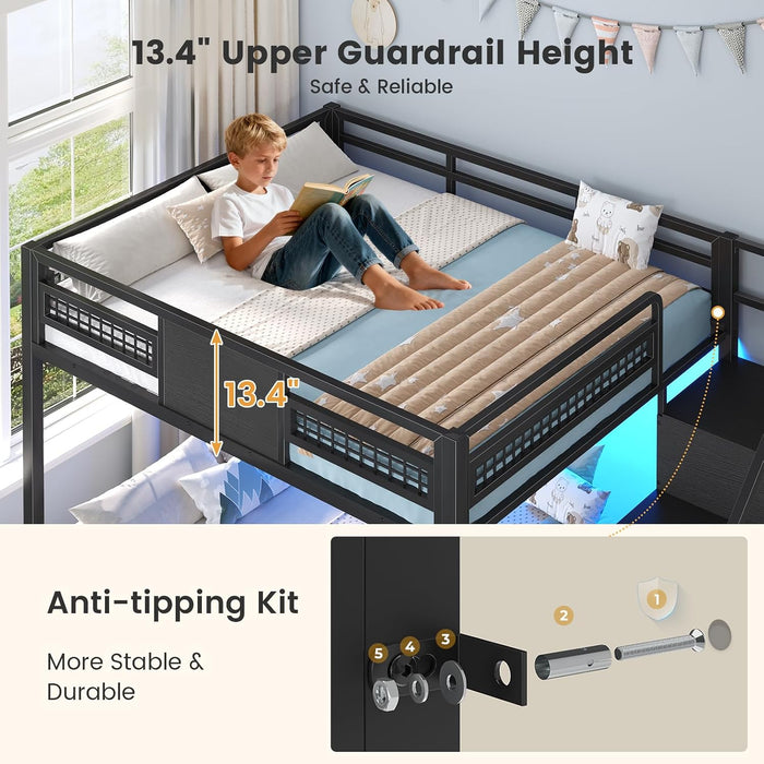 Black FullOverFull Bunk Bed LEDLighting Quality Durable