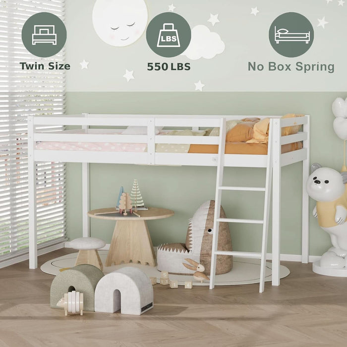 47'' Tall Junior Low Loft Bed with Stairs, White Wood Loft Bed Twin Size for Adults, Kids and Young Teens, No Box Spring Required,Wood Slat Support