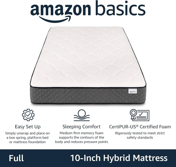 Memory Foam Mattress, Full Size Mattress, Hybrid, 10 Inch, Medium Feel, Motion Isolation Springs, White/Gray