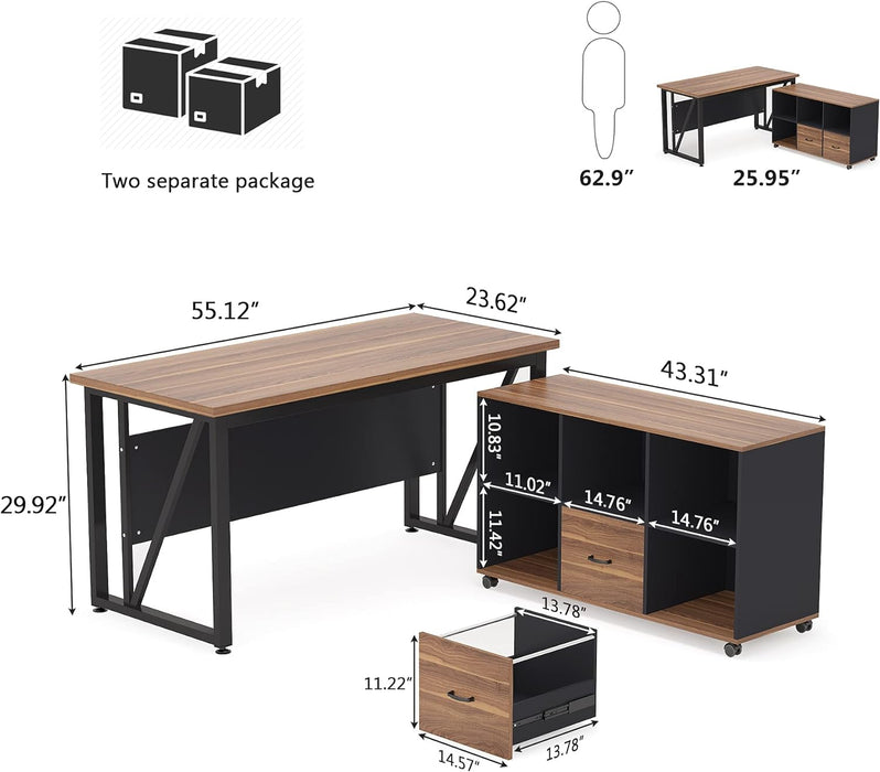 Walnut L-Shaped Desk, 55", Storage