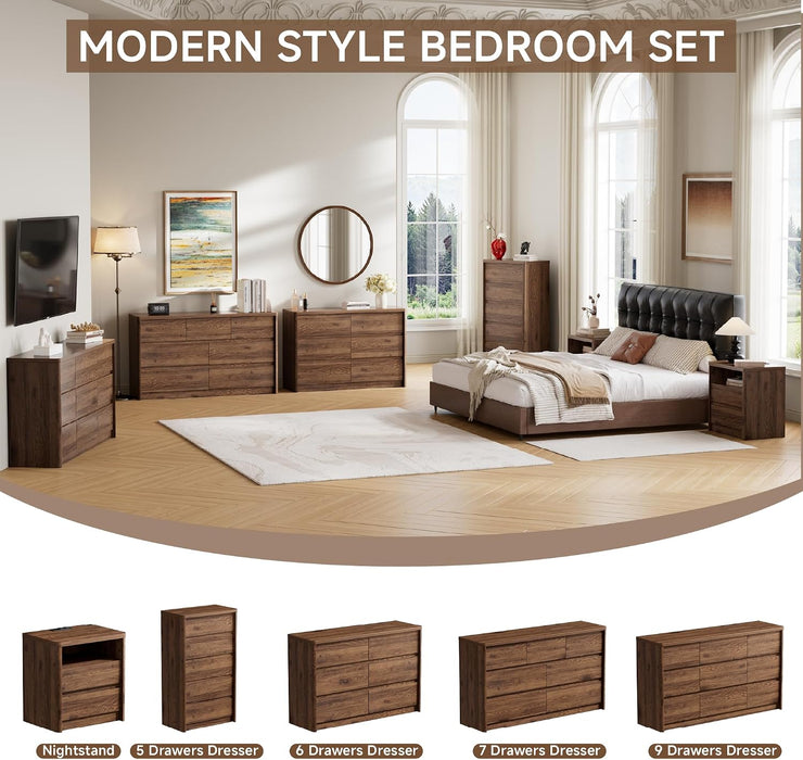 Modern 7 Drawers Dresser for Bedroom, 55" Wide Bedroom Dressers & Chest of Drawers W/Curved Profile, Mid Century Wood Dressers with Handleless Design, Large Dresser for Bedroom Living Room
