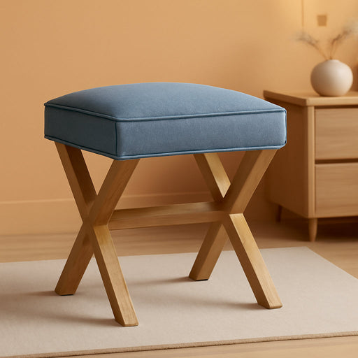 Small Ottoman Foot Rest, Mid-Century Modern X Square Polyester Foot Stool, Indigo Blue, 20"W X 18"D X 18"H