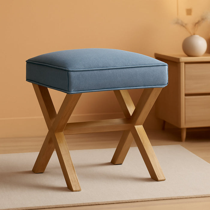 Small Ottoman Foot Rest, Mid-Century Modern X Square Polyester Foot Stool, Indigo Blue, 20"W X 18"D X 18"H