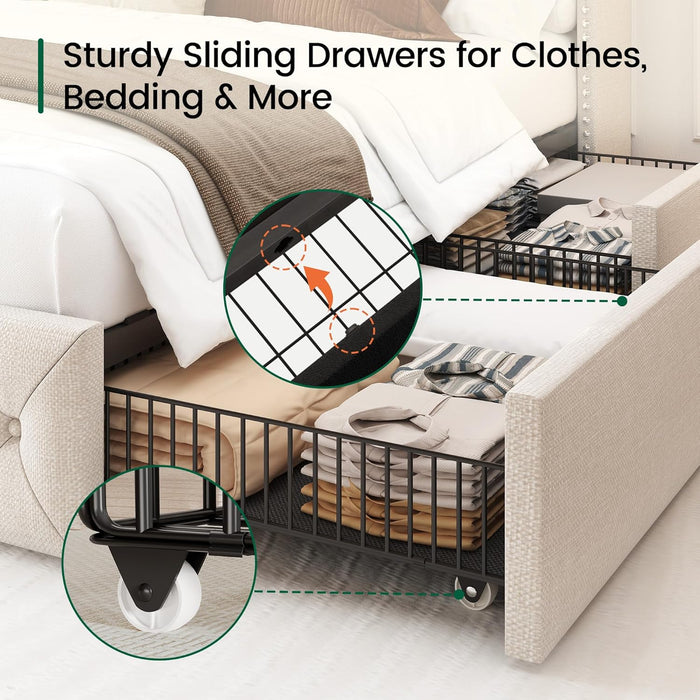 Queen Size Bed Frame with LED Lights and 4 Storage Drawers Linen Upholstered Platform Bed Frame with Tufted Headboard Wingback, No Box Spring Needed, Easy to Assemble, Beige