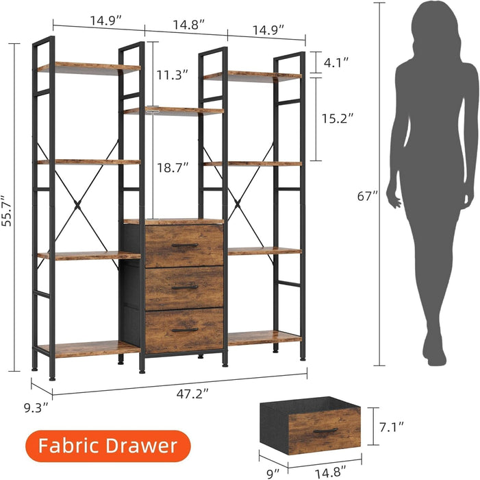 Triple Bookshelf with 3 Fabric Drawers, 4-Tier Book Shelf and 10 Display Shelves, Industrial Large Bookcase for Home & Office, Rustic Brown, 47'' Wide