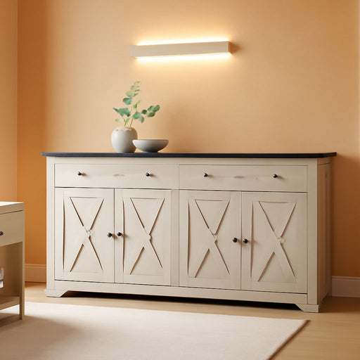 Buffet Cabinet with Storage, Sideboard Cabinet with Drawers & Doors | 2 Drawers, 4 Doors and 2 Adjustable Shelves. 59Inch Wide. Fsc-Certified Wood. Anti-Tip Device. Charcoal Grey and Beige Maple.
