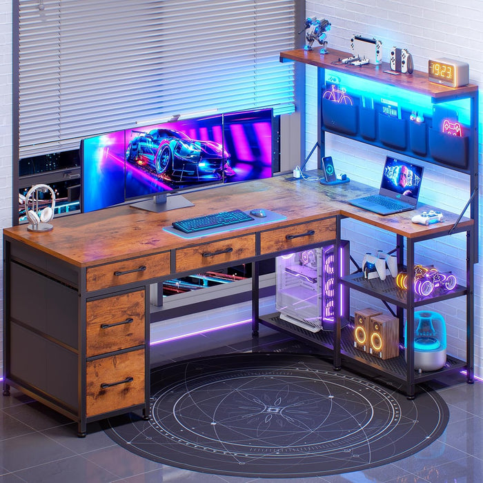 L Shaped Desk with Drawers and Hutch, 47.2" Reversible Office Computer Desk with 5 Fabric Drawers, L Shaped Desk with Storage Shelves, Power Outlet and LED Lights for Home Office, Rustic Brown
