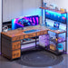 L Shaped Desk with Drawers and Hutch, 47.2" Reversible Office Computer Desk with 5 Fabric Drawers, L Shaped Desk with Storage Shelves, Power Outlet and LED Lights for Home Office, Rustic Brown