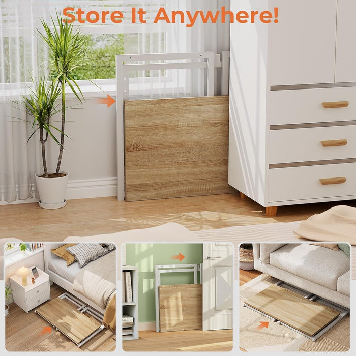 Small Folding Desk 31.5 Inch, Foldable Computer Desks with LED Lights and Monitor Stand, Work Portable Table for Bedroom Home Office, Oak