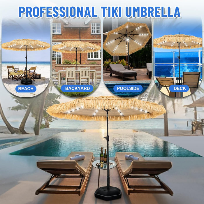 9 FT Solar Thatch Tiki Umbrella, Hawaiian Style Straw Umbrellas with Zinc Alloy Push Button Tilt, UPF 50+ Patio Umbrella,Outdoor Umbrella with 32 LED Lights for Beach, Pool,Garden