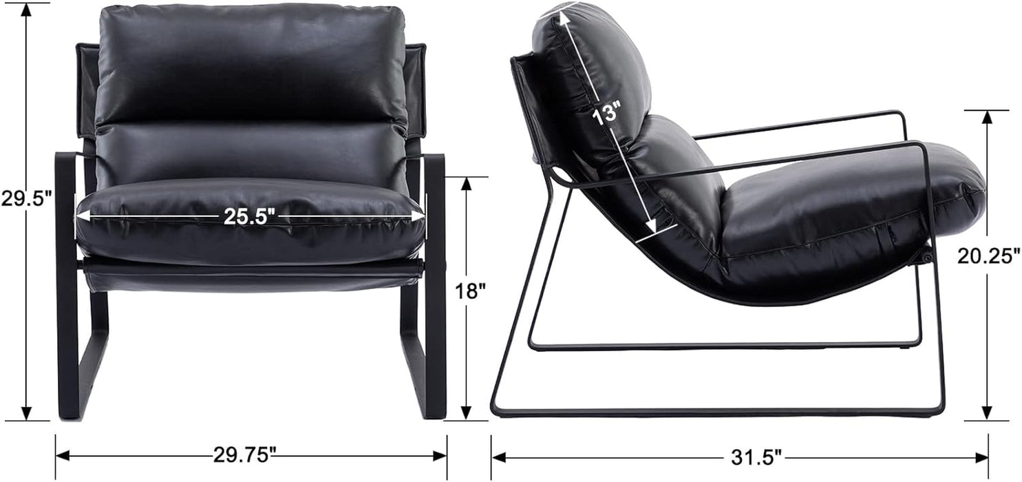 Mid-Century Accent Chair, Comfy PU Leather Side Chair with Armrest, Upholstered Leisure Chair with Black Metal Frame for Living Room Bedroom Reception Room, Black
