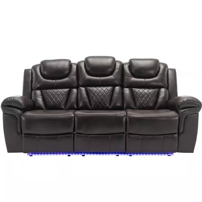 83.1 in Flared Arm Faux Leather Rectangle Manual Recliner 3-Seat Sofa In. Brown with Center Console and LED Light Strip