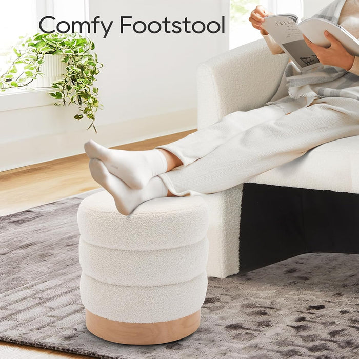 Sherpa Ottoman Footstool, Tufted Modern Foot Rest Stool with Wood Base for Living Room, Bedroom, Desk, round Versatile Side End Table, Pouf, Makeup Seat,2Pcs,Cream