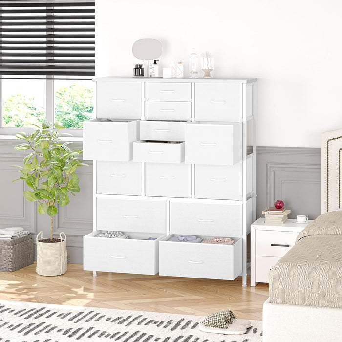 48" H Tall Dresser with 15 Drawers, Fabric Storage Dresser with Steel Frame & Wood Top, Sturdy Dressers for Bedroom, Closet, Hallway, Living Room (White)