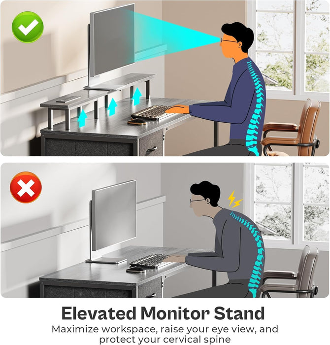 47 Inch Computer Desk with Power Outlets and LED Lights, Gaming Desk with 4 Drawers, Office Desk with Monitor Stand, Study Desk Work Desk for Home Office, Small Spaces, Gray
