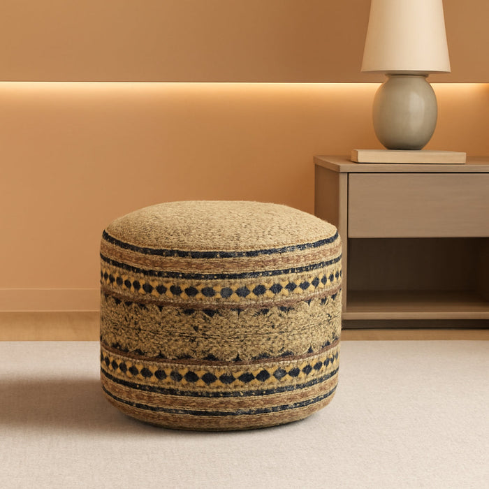 LR Home Tan/Black round Ottoman Pouf for Home Decor | Striped Hand-Woven Jute Cotton Blend round Pouf Ottoman Foot Rest for Bedroom & Living Room Decor | 18" X 18"W X 14"H