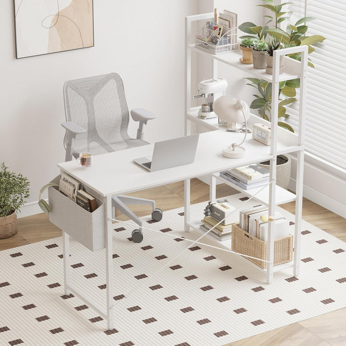 47 Inch Computer Desk with Bookshelf, Corner Desk with Storage, L Shaped Desk, Home Office Desks, Writing Study Desk for Bedroom, White