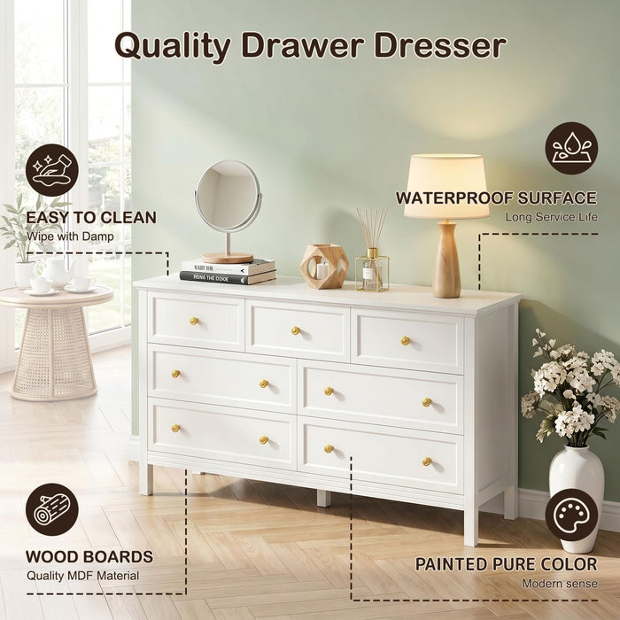 55" White Dresser for Bedroom with 7 Drawers & Modern Gold Handle