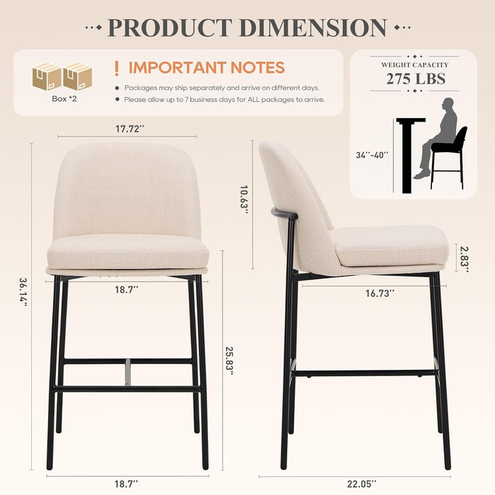 Counter Height Bar Stools Set of 4, 25 Inch Modern Fabric Kitchen Island Stools with Back, Upholstered Counter Barstools Armless Bar Chairs with Metal Legs for Island Dining Room Bar, Beige