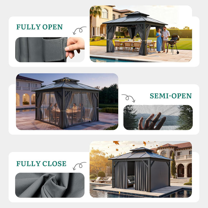 10X10Ft Gazebo Polycarbonate Hardtop Double Roof Canopy Outdoor with Netting and Shaded Curtains, Metal Frame Garden Tent for Patio, Backyard, Deck and Lawns, Grey