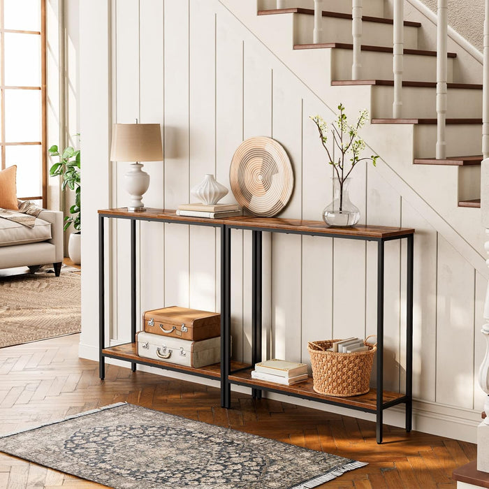 29.5" L Narrow Console Table, Sofa Table behind Couch with 2-Tier Storage Display Shelves, 8.7" D Small Entryway Table for Hallway, Foyer, Living Room, Bedroom, Rustic Brown and Black BF22XG01