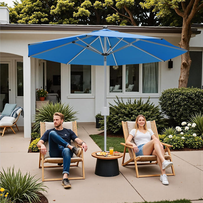 9 FT Motorized Patio Umbrella, Remote Outdoor Umbrella with Heavy Duty Aluminum Frame, Removable Power Bank and Push Button Tilt for Backyard, Pool, Garden, Beach, Blue