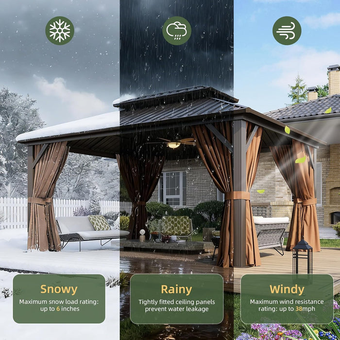 12’X16’ Hardtop Gazebo, Permanent Metal Pavilion with Galvanized Steel Double Roof, Outdoor Pergola with Nettings and Curtains for Lawn, Garden, Patio (Brown)
