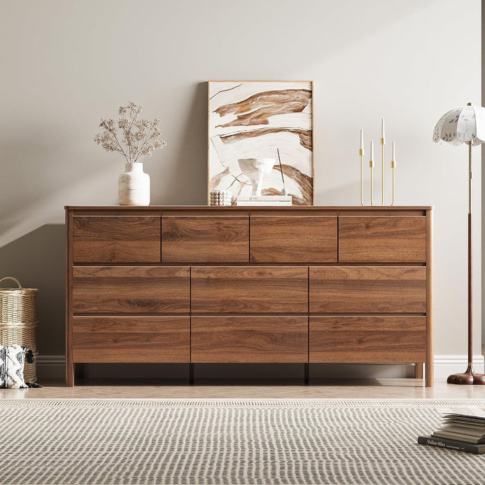 Walnut 10 Drawer Dresser for Bedroom, 63" W Modern Wood Dresser