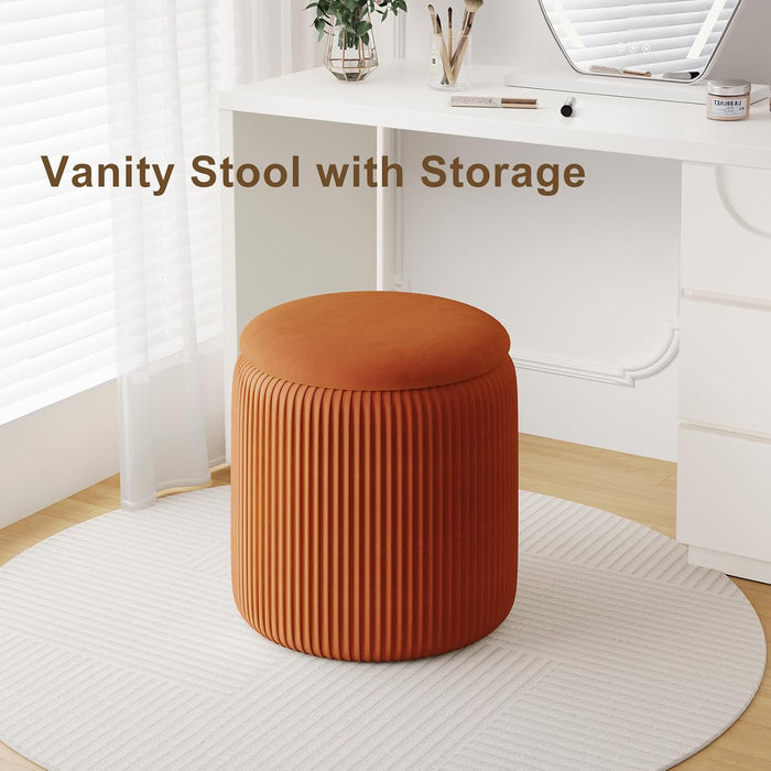 Orange round Storage Ottoman Set of 2, Large Velvet Ottoman with Storage, Multifunctional Vanity Stool, Small Pouf Ottomans Foot Stool, Storage Stools for Living Room, Bedroom