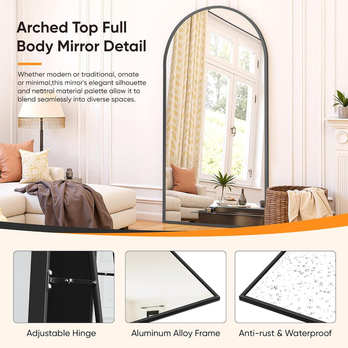 Full Length Mirror, 71"X32" Floor Standing Mirror Freestanding, Full Body Mirrors with Stand for Bedroom, Hanging Mounted for Living Room Cloakroom, Black, Arched Style