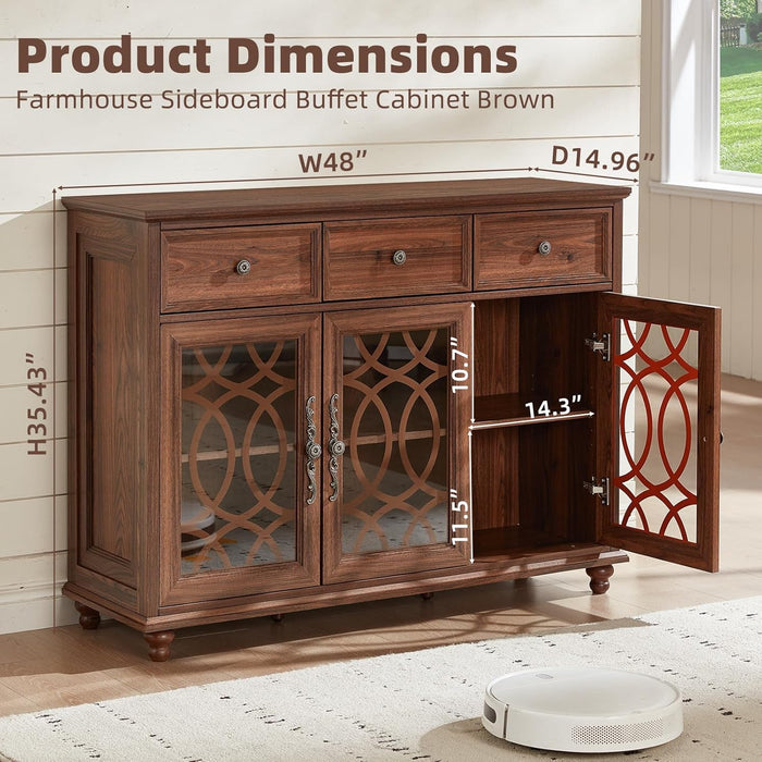 Farmhouse Sideboard Buffet Cabinet with Storage,48" Large Credenza with 3 Glass Doors & 3 Drawers,Adjustable Shelves Console Table,Wood Kitchen Coffee Bar for Dining Room,Living Room,Brown