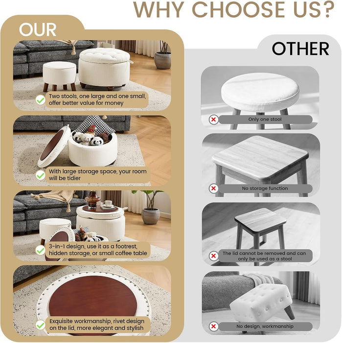 24Inch round Storage Ottoman, Set of 2, Modern Button Tufted Coffee Table with Removable Top, Upholstered Ottoman with Storage Footrest Stool for Living Room, Bedroom (Beige)
