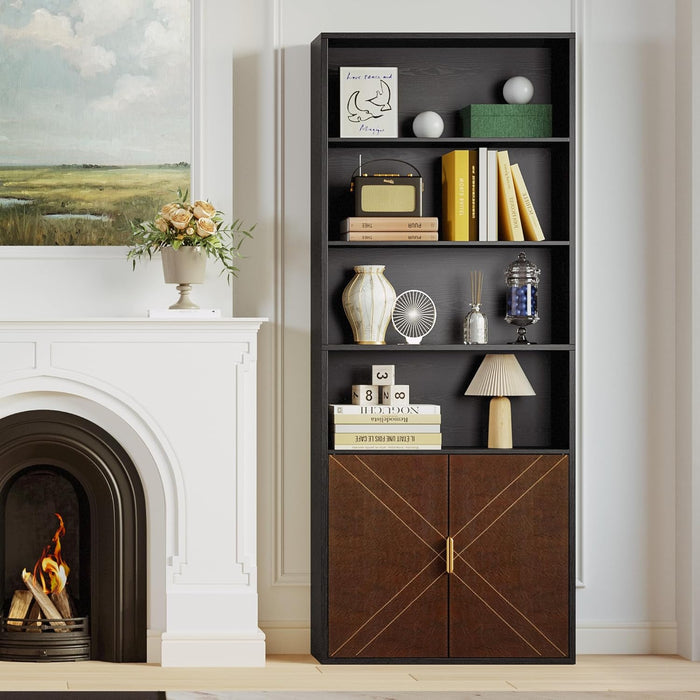 Book Shelf and Bookcase with Leather Doors, 70" Tall Bookshelf, 6 Tier Display Case Floor Standing for Home Office, Living Room, Black