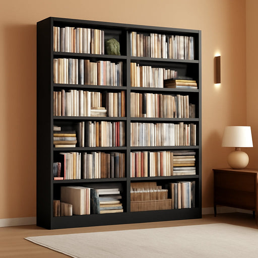 73" Tall Double Wide Bookshelf, 63" W 6-Tier Open Shelves, Black | Large Bookshelf and Bookcase, 12 Display Shelves, Modern Wood Book Shelf with Storage for Library, Home Office, Living Room