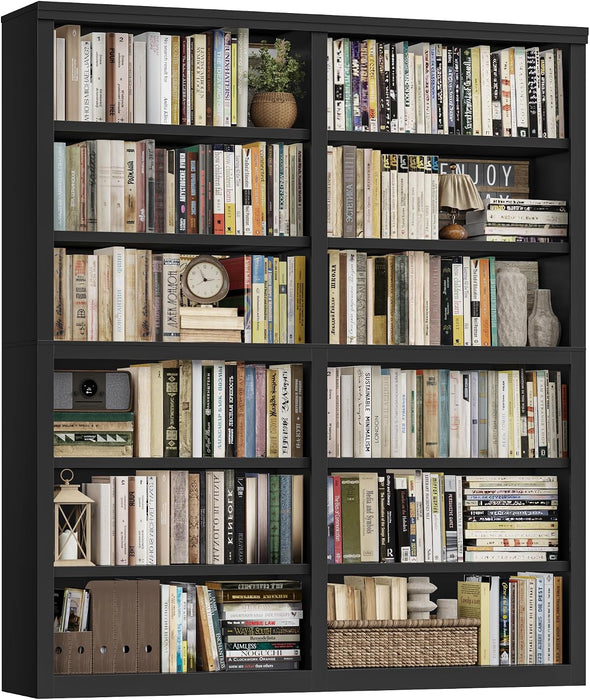 73" Tall Double Wide Bookshelf, 63" W 6-Tier Open Shelves, Black | Large Bookshelf and Bookcase, 12 Display Shelves, Modern Wood Book Shelf with Storage for Library, Home Office, Living Room