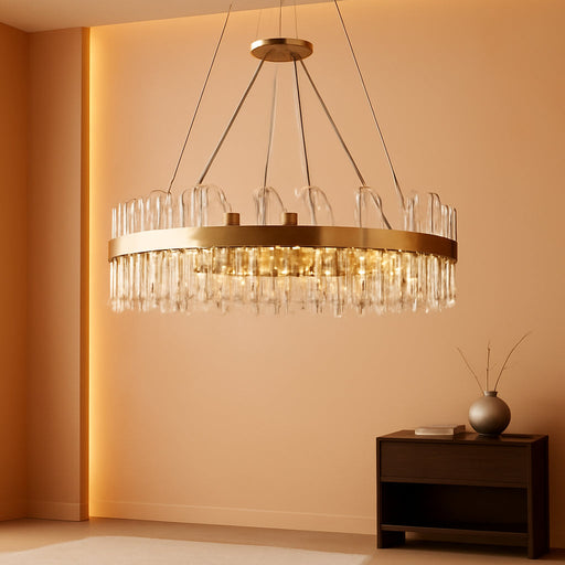 Round Crystal Chandeliers, D31.5 Inch 16-Light Brass Gold Chandelier Lighting Fixture, Height Adjustable Pendant Ceiling Light for Living Room Dining Room Bedroom
