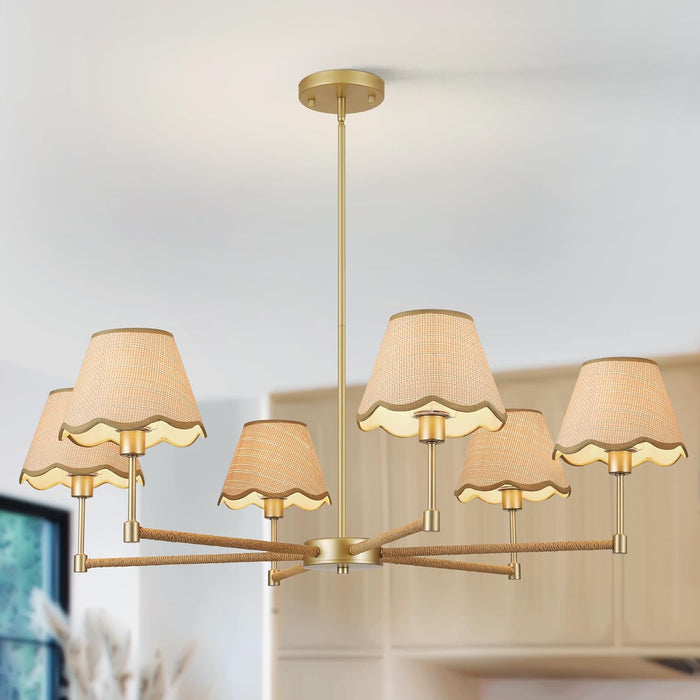 Farmhouse Rattan Chandelier Light Fixture, 6-Light Boho Chandeliers for Dining Room, Adjustable Rustic Pendant Light Large Modern Gold Hanging Lighting for Kitchen Island, Living Room