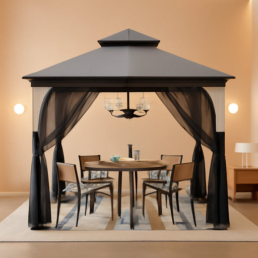 9 Ft. X 9 Ft. Gazebo with 2-Tier Canopy Roof, Steel Frame Soft Top Gazebo with Ceiling Hook and Mosquito Netting, Tan and Black