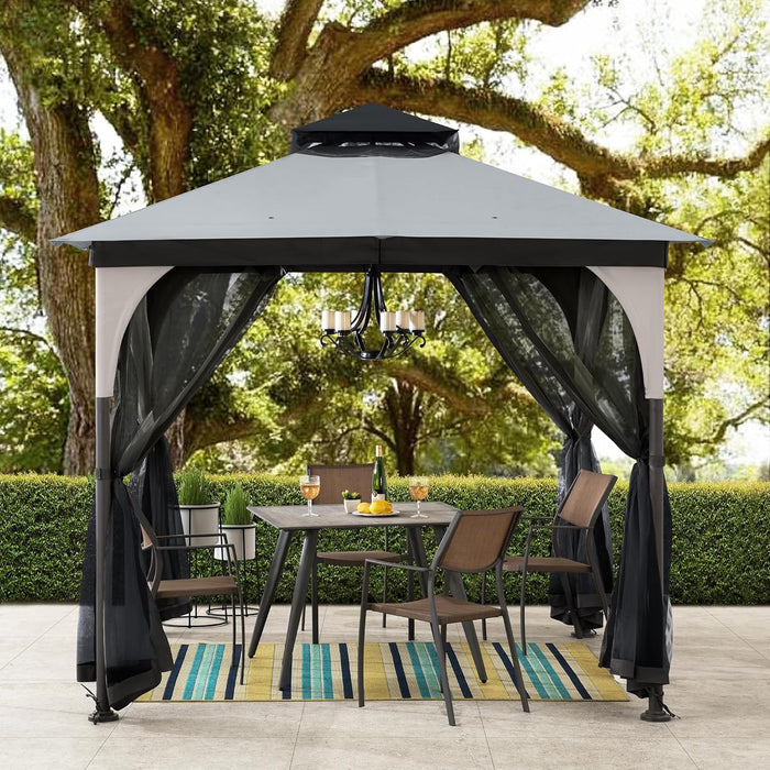 9 Ft. X 9 Ft. Gazebo with 2-Tier Canopy Roof, Steel Frame Soft Top Gazebo with Ceiling Hook and Mosquito Netting, Tan and Black