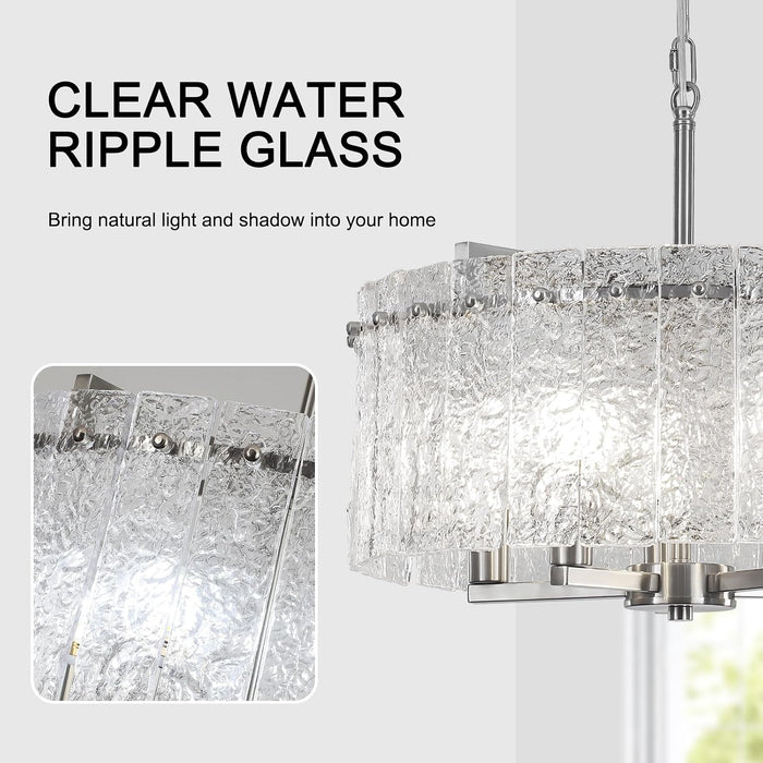 Brushed Nickel Glass Chandeliers for Dining Room, 18.7'' Modern Farmhouse Glass Drum Chandelier for Entryway, 5-Light Hanging round Light Fixture for Living Room Bedroom Foyer Hallway Kitchen Island