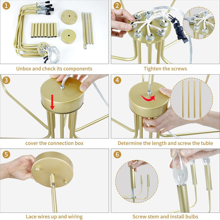 Gold Chandelier, 8-Light Farmhouse Chandeliers for Dining Room, Gold Candle Chandelier Light Fixtures for Kitchen, Living Room, Foyer, Entryway