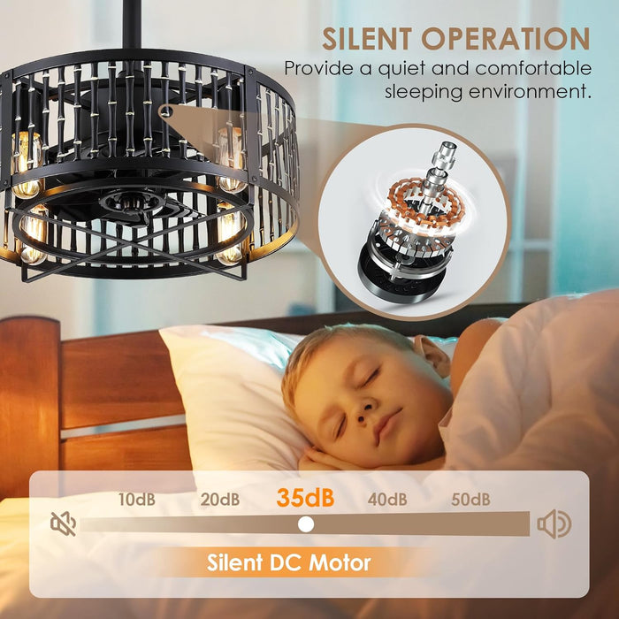 Caged Ceiling Fan with Light, 18 Inch Black Fandelier Ceiling Fans for Kitchen Bedroom Outdoor, Remote Control, Reversible