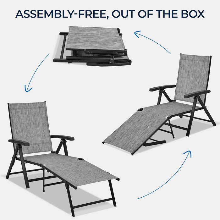 Outdoor Folding Chaise Lounge Set of 2 Patio Reclining Chairs W/Adjustable 7-Position Back for Beach Pool Garden Yard Deck Gray