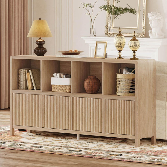 8 Cube Storage Organizer Bookshelf with Storage, 57 Inch Horizontal Bookcase with 4 Doors, Long Wooden Book Shelf for Living Room, Home Office (Light Walnut)